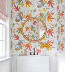 Matisse Leaf Wallpaper by Thibaut French Blue and Coral