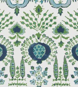 Mendoza Suzani Wallpaper by Thibaut Blue and Green on White