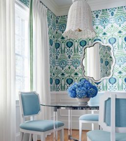 Mendoza Suzani Wallpaper by Thibaut Blue and Green on Navy