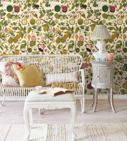 Asian Fruits And Flowers Wallpaper by MINDTHEGAP Green, Pink, Taupe