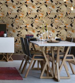 Birds Of Happiness Wallpaper by MINDTHEGAP Black, Orange, Taupe