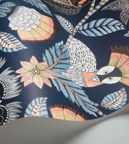 Nene Wallpaper by Cole & Son Terracotta Cerulean Blue & Heath Grey on Midnight