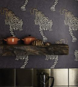 Tyger Tyger Wallpaper by Matthew Williamson Dark Violet, Metallic Rose