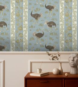 Ostrich Stripe Wallpaper by Josephine Munsey Mid Blue and White