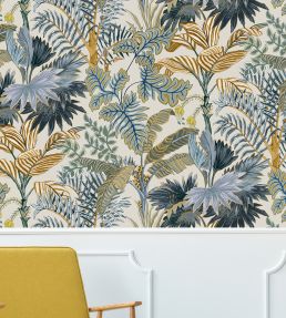 Palm Grove Wallpaper by Josephine Munsey Ecru and Blue