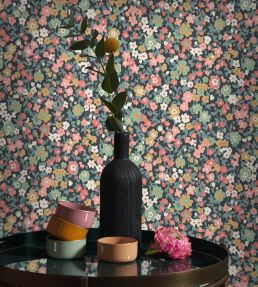 Pansy Wallpaper by Casadeco Bleu Nuit / Rose