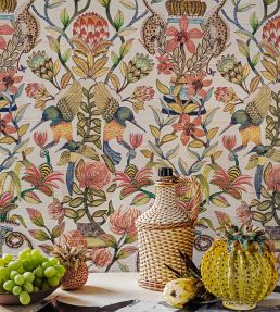Protea Garden Silk Wallpaper by Cole & Son Olive Green & Tangerine on White