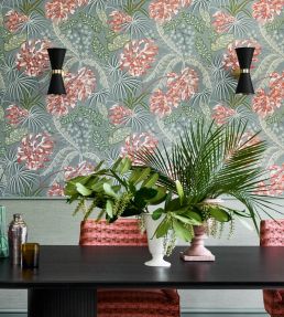 Rousseau Wallpaper by Jane Churchill Teal/Coral