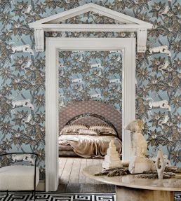 Satara Wallpaper by Cole & Son Slate & White Mica on Print Room Blue