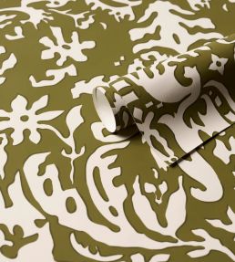 Suffolk Damask Wallpaper by Schumacher Olive