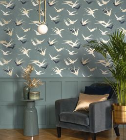 Swallow Wallpaper by Casadeco Vert Sauge