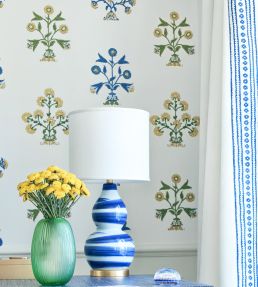 Indian Flower Wallpaper by Thibaut Spa Blue