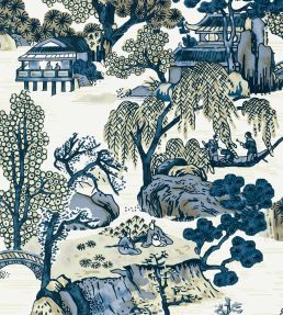 Asian Scenic Wallpaper by Thibaut Blue and Beige