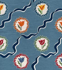 Tulips of Belgravia Linen Fabric by Ottoline Blue