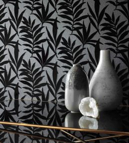 Verdi Flock Wallpaper by 1838 Wallcoverings Ebony