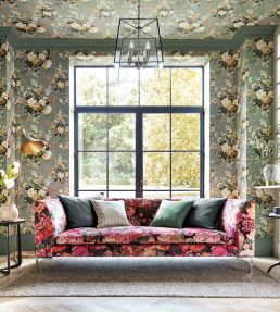 Very Rose And Peony Velvet Fabric by Sanderson Kingfisher/Rowan Berry