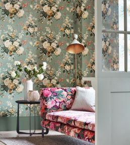 Very Rose And Peony Velvet Fabric by Sanderson Kingfisher/Rowan Berry