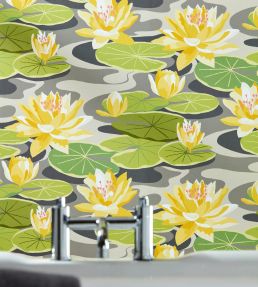 Waterlily Wallpaper by Ohpopsi Charcoal & Mustard