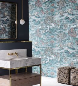 Stand Wood Wallpaper by Zoffany Teal / Velvet Blue