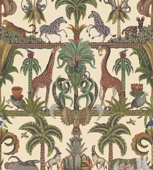Afrika Kingdom Wallpaper by Cole & Son Olive Green & Spring Green on Cream