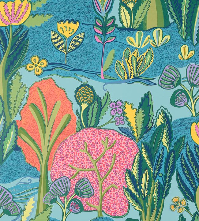 Albero Wallpaper by Thibaut Tangerine and Turquoise