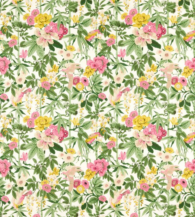 Bamboo & Birds Fabric by Sanderson Scallion Green / Fushia