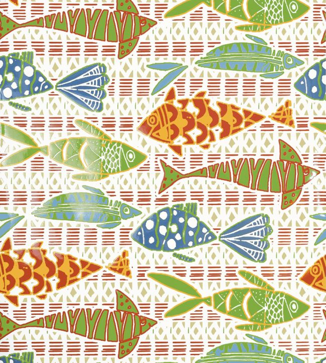 Batik Fish Wallpaper by Thibaut Coral and Blue