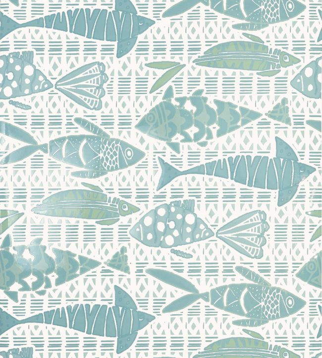 Batik Fish Wallpaper by Thibaut Spa Blue