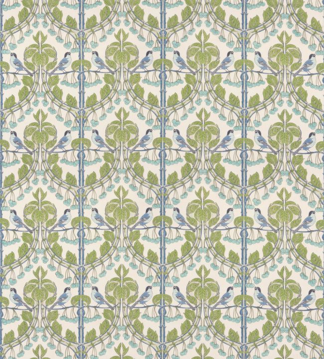 Birds & Cherries Fabric by GP & J Baker Green/Blue
