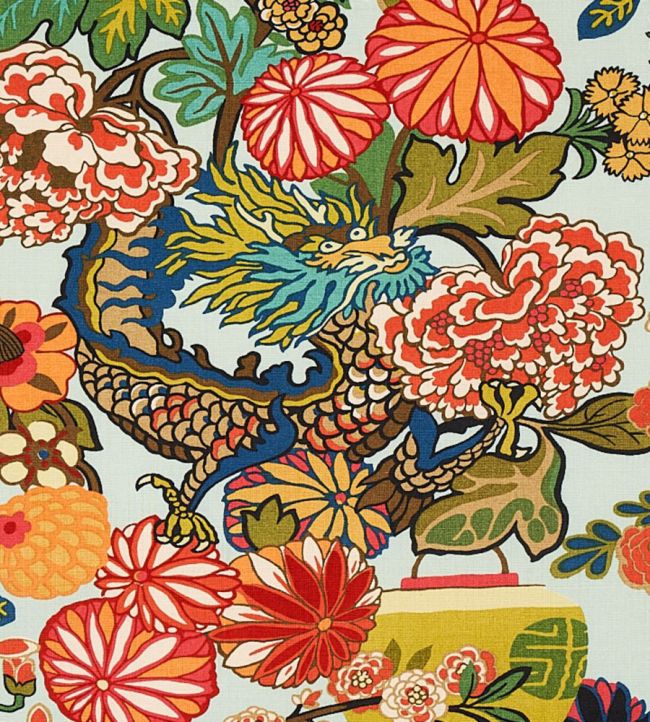 Chiang Mai Dragon Fabric by Schumacher Aquamarine