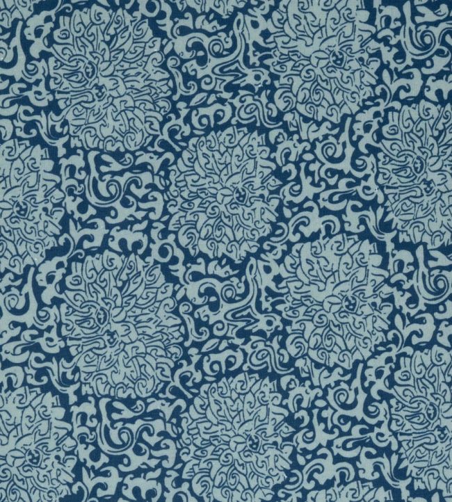 Chrysanthemum Archive Revival Fabric by Volga Linen Celadon/Prussian Blue
