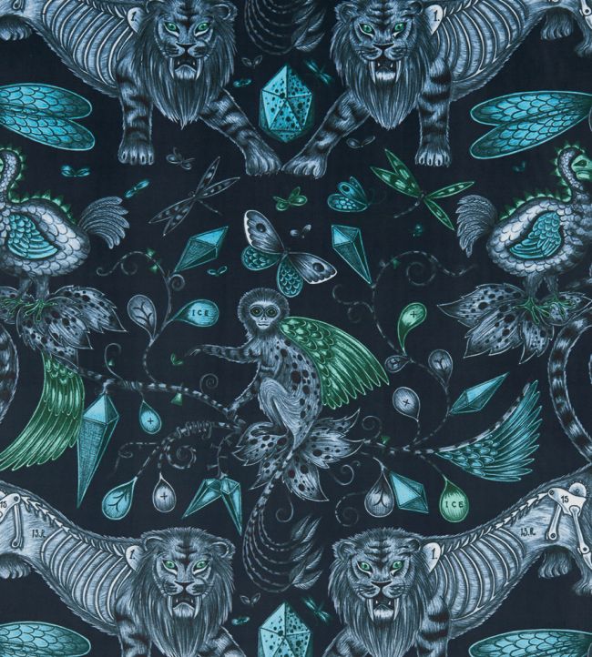 Emma J Shipley Extinct Velvet Fabric by Clarke & Clarke Navy