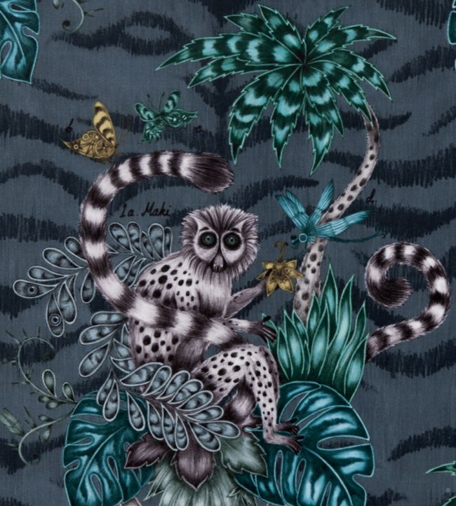 Emma J Shipley Lemur Velvet Fabric by Clarke & Clarke Navy