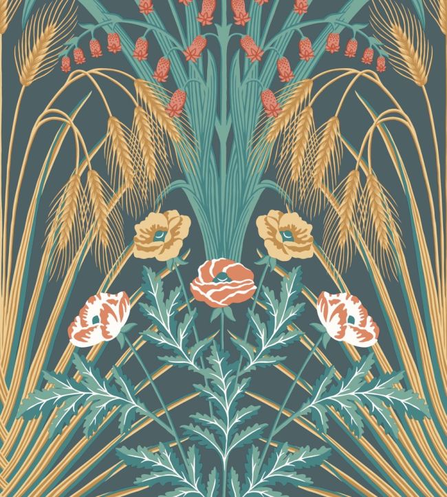 Bluebell Wallpaper by Cole & Son Teal, Gold & Coral on Petrol