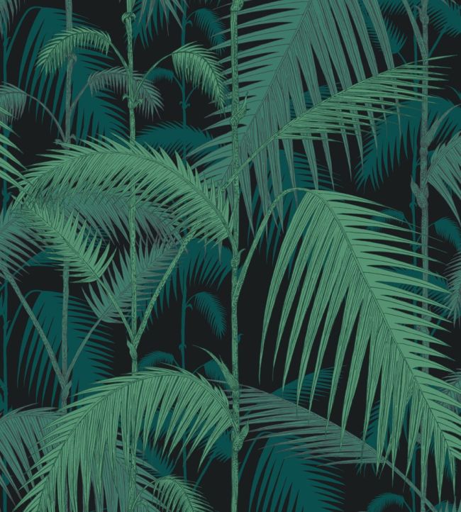 Palm Jungle Fabric by Cole & Son Viridian, Petrol on Black