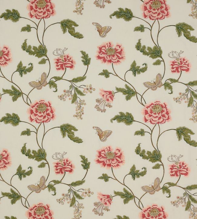 Oriental Poppy Linen Fabric by Colefax and Fowler Pink/Green