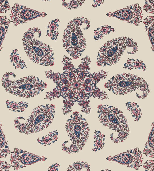 East India Wallpaper by Thibaut Raspberry and Blue on Natural