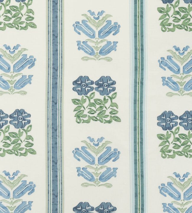 Folkloric Floral Stripe Fabric by Volga Linen Delft Blue/Oyster