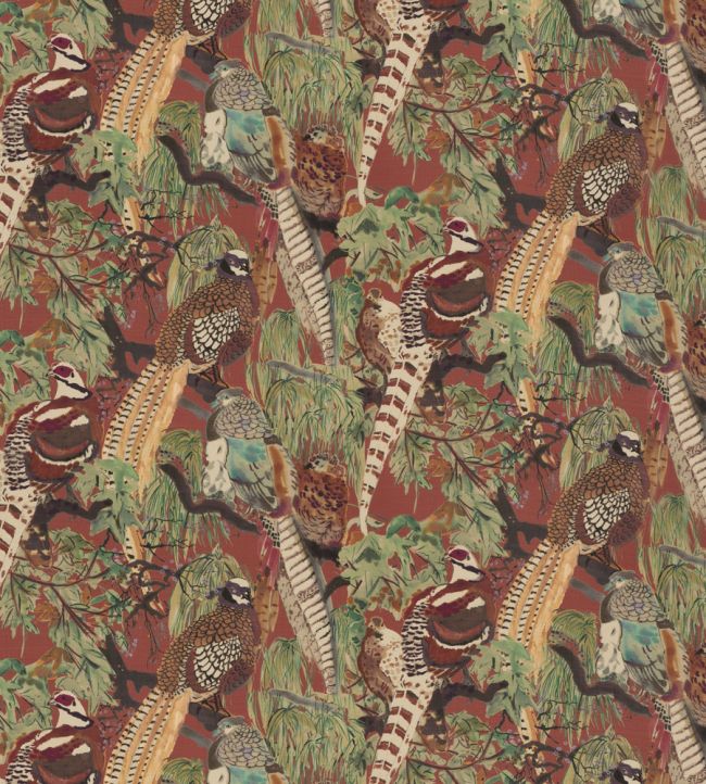 Game Birds Linen Fabric by Mulberry Home Red/Plum