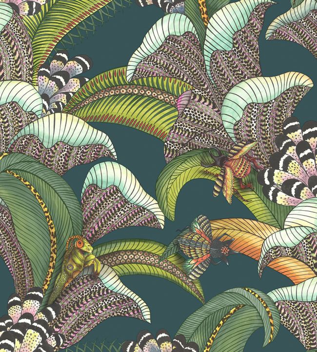Hoopoe Leaves Wallpaper by Cole & Son Forest Green Lime & Fuchsia on Dark Virdian