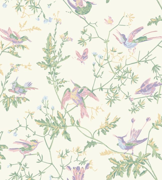 Hummingbirds Cotton Fabric by Cole & Son Blush, Sage, & Mulberry on Cream
