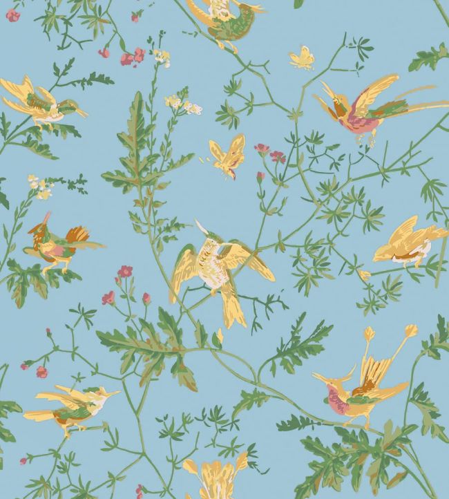 Hummingbirds Cotton Fabric by Cole & Son Buttercup Yellow on Cornflower Blue
