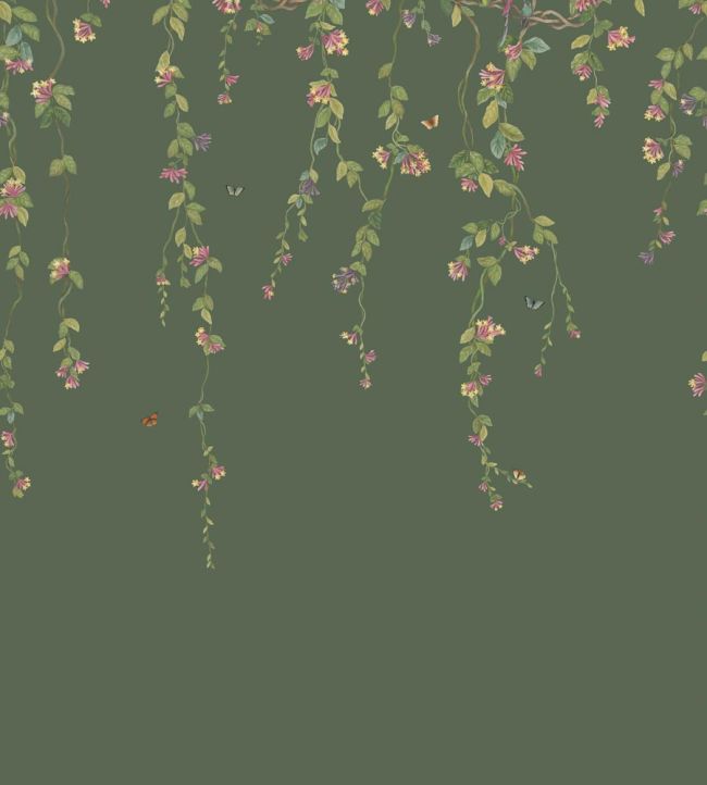 Hummingbirds Flora Mural by Cole & Son Fuchsia on Racing Green