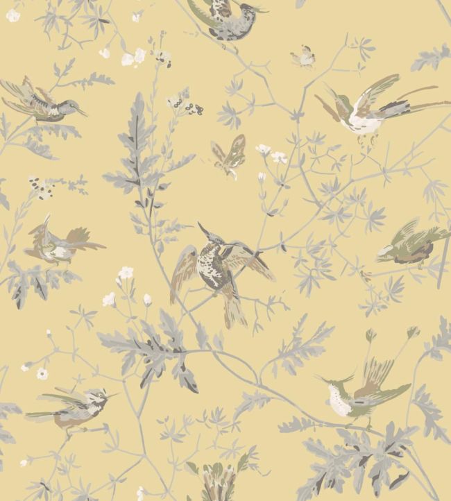 Hummingbirds Silk Fabric by Cole & Son Gold & Soft Grey