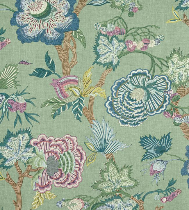 Indienne Jacobean Fabric by Thibaut Green