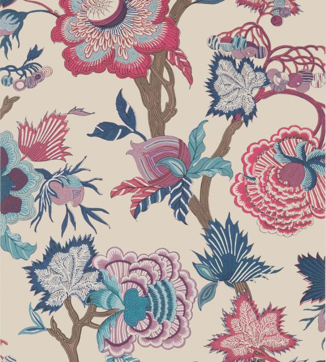Indienne Jacobean Wallpaper by Thibaut Raspberry and Blue on Natural