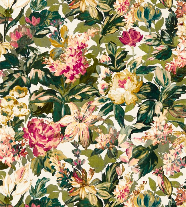 Lilum Wallpaper by Clarke & Clarke Olive/Raspberry