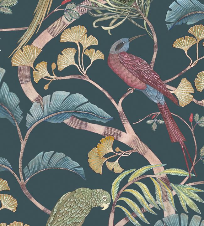 Living Branches Wallpaper by Josephine Munsey Dark Teal, Yellow and Olive
