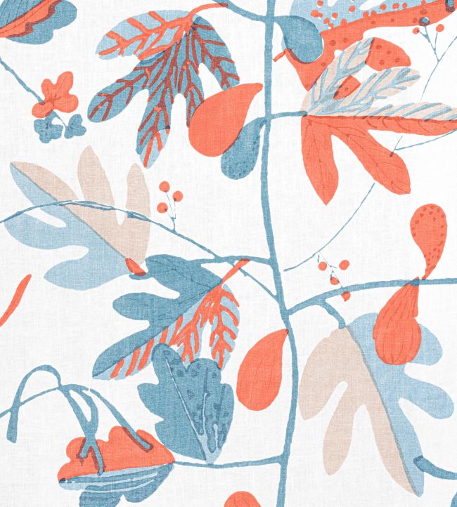 Matisse Leaf Fabric by Thibaut Blue and Coral