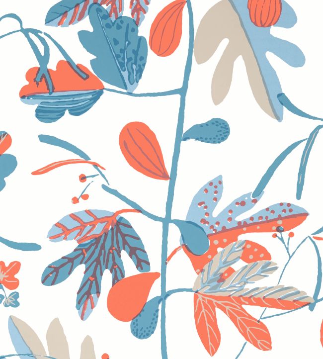 Matisse Leaf Wallpaper by Thibaut French Blue and Coral
